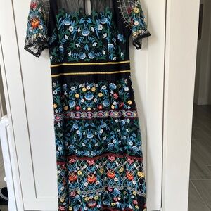 Anthropologie Black Maxi Dress with Blue, Green and Yellow Floral Embroidery